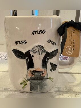 Rae Dunn White Ceramic Cow Mug with Black and Pink Accents